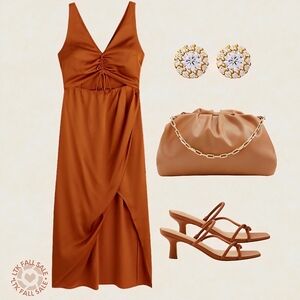 Abercrombie&Fitch Satin Cut Out V neck Ruched Rust Orange Wrap Midi  Dress L